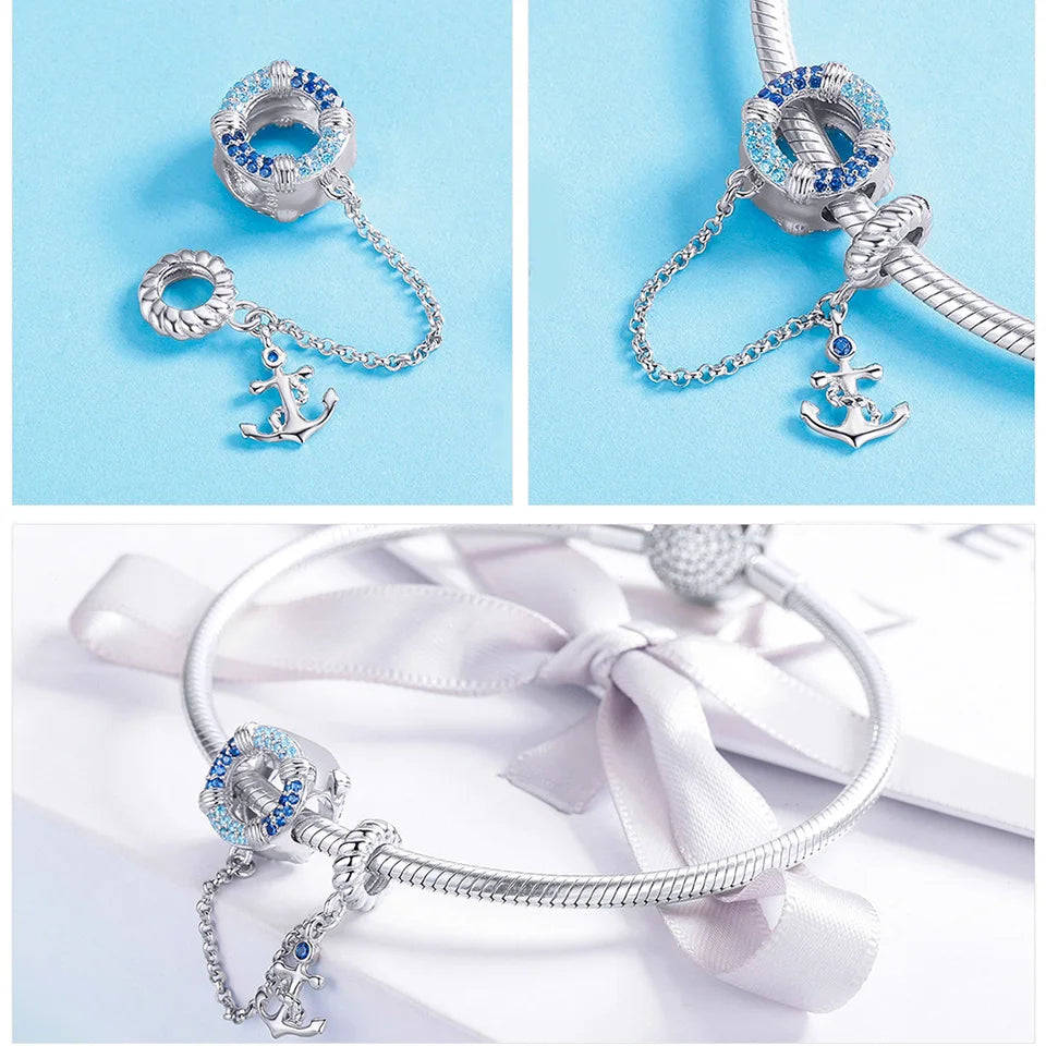BISAER 925 Sterling Silver Summer Vacation Charm Bead Lipstick Sunglasses High Heels Airplane Pendant Fit Women DIY Bracelet
