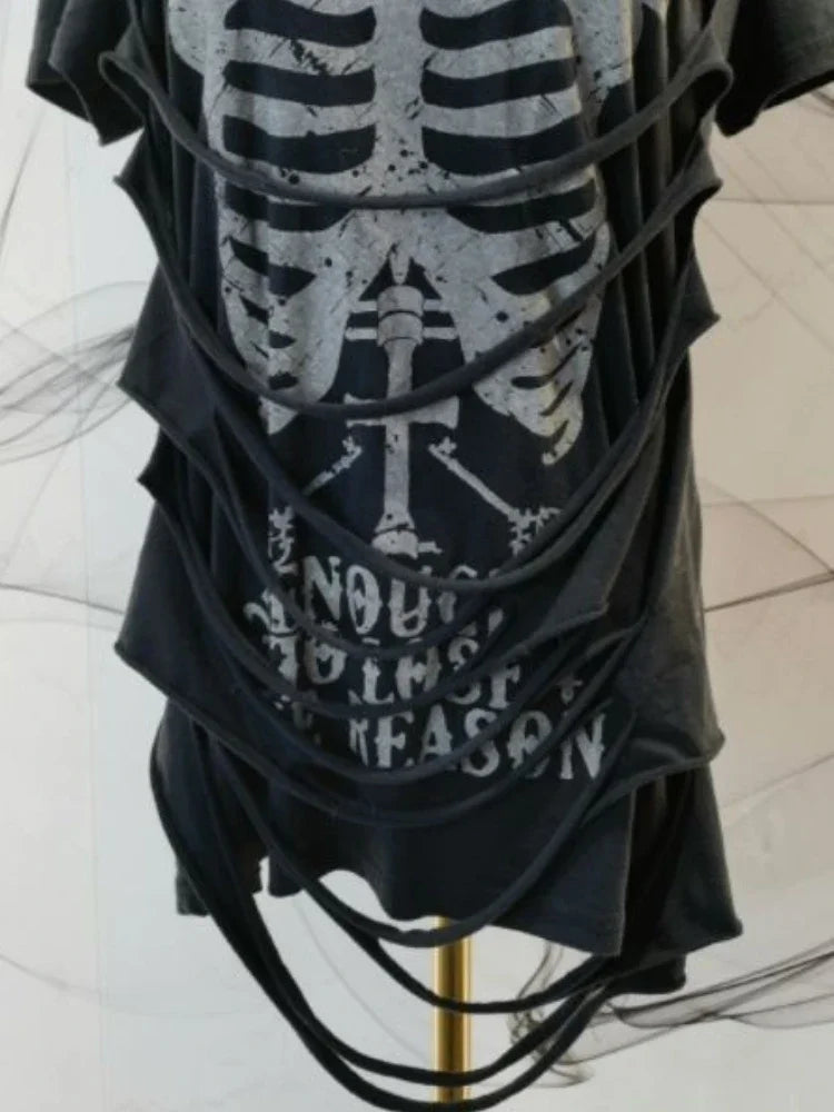 American Vintage Fake Two Pieces T-Shirt Women Streetwear Hip Hop Gothic Harajuku Grunge Y2k Crop Tops Black Skull Punk Tees
