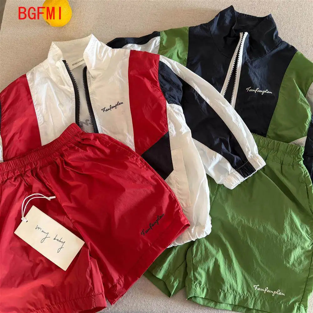 Children's Set 2026 Summer Boys Girls Color blocked Sunscreen Coat+Baby and Children's Sports and Leisure Quick drying Shorts