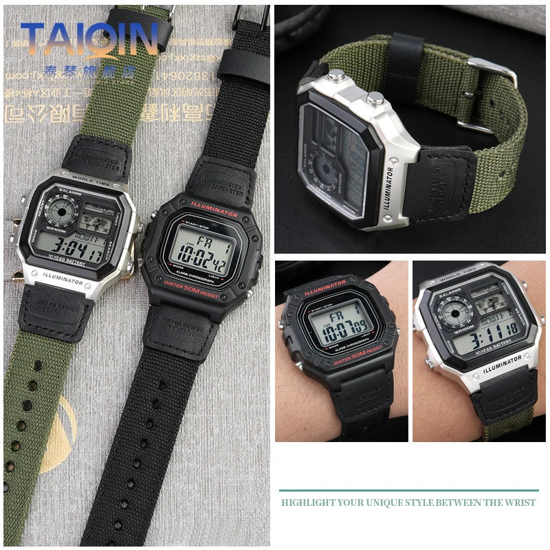 Nylon Watch Strap For Casio 3299 Series AE1200 AE-1200 1300 W-216H F91W A159 A169 A158 SGW-300/400 Canvas Sports Watchband 18mm