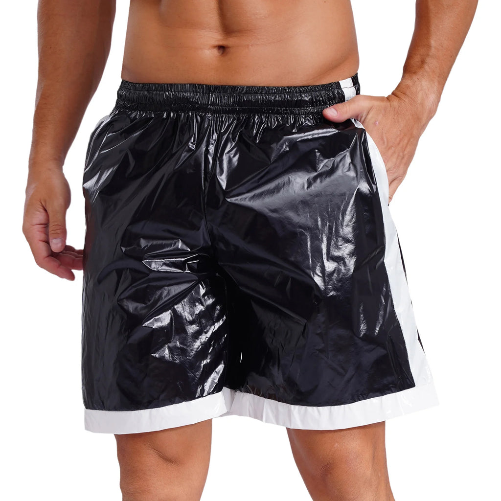 Swimwear Mens Swimming Trunks Wet Look Boxer Shorts Drawstring Elastic Waist Pockets Stripes Beach Sports Shorts Pajamas Costume