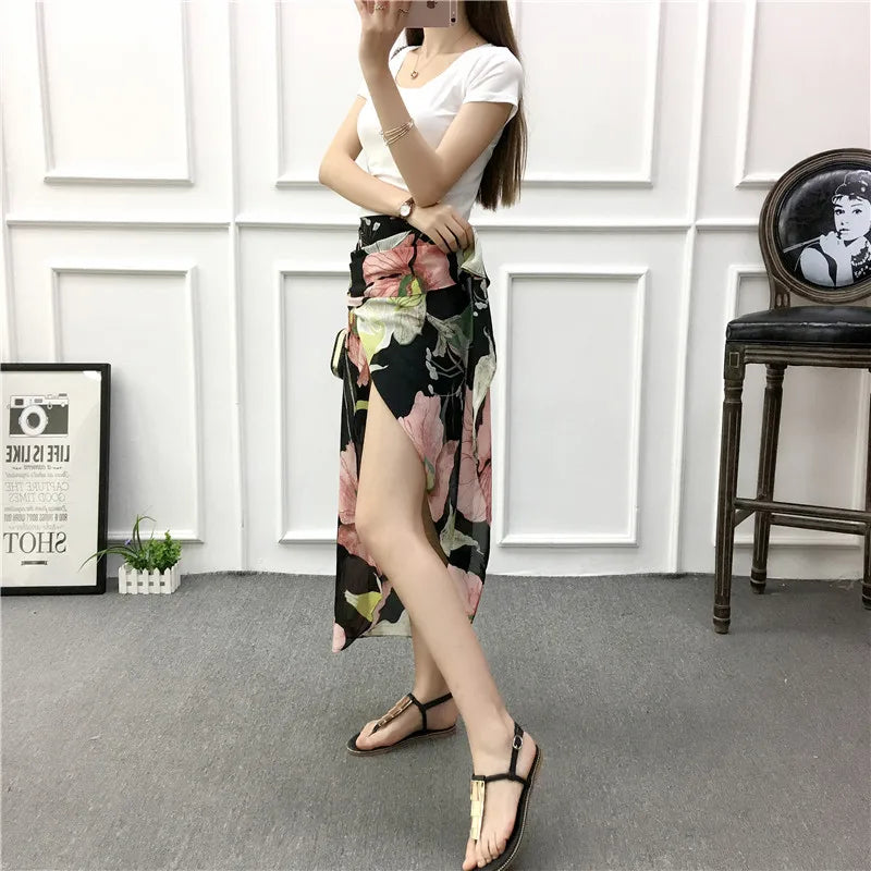 Vacation Style Wrap Skirt Beachside Long Skirt Women's High Waist A-Line Midi Skirt Floral Print One-Piece Summer Spring