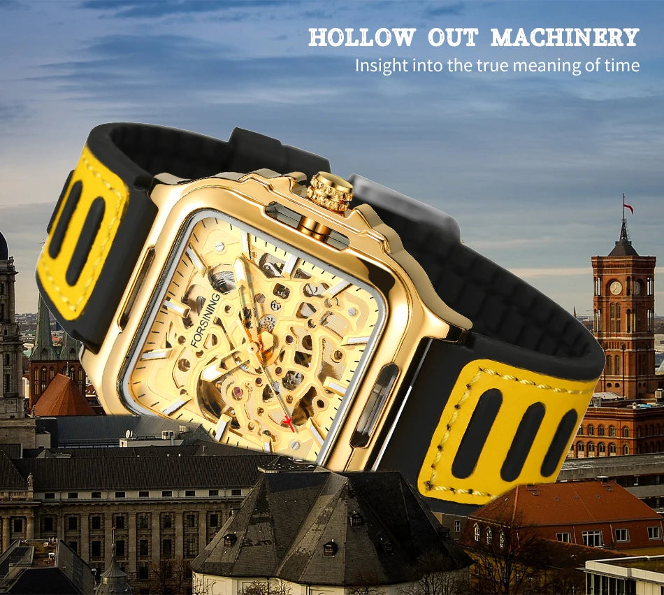 FORSINING Original Square Skeleton Mechanical Man Wristwatches Automatic Movement Field Sports Waterproof Silicone Replica Watch