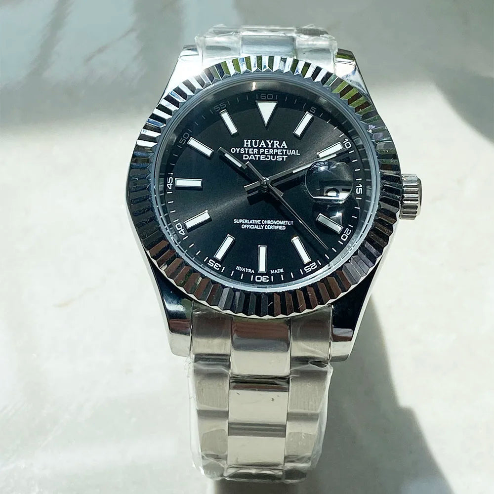 Luxury 41mm Men's Watch Black Dial Water-Resistant Date Function Chinese NH35 Movement Sports Stainless Steel Strap Steel Case