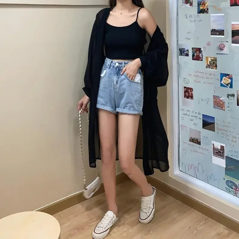 Long Shirts Women Summer Girls Sunscreen Clothing Seethrough Thin Loose Solid Simple Leisure All-match Korean Style Chiffon Tops