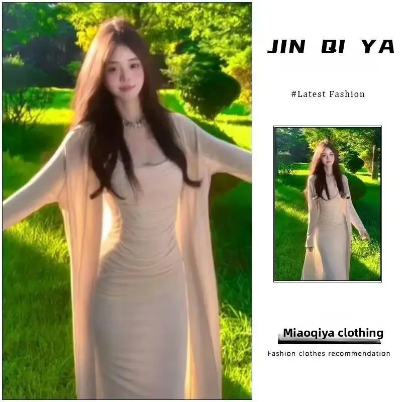 Sexy Slim Fit Long Dress And Knitted Sweater Set for Women Spring Summer New Style Lightweight Maturity Trending Strap Skirt