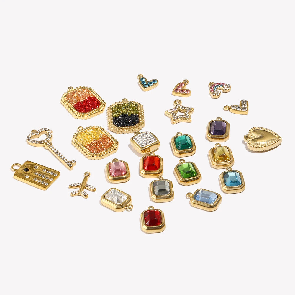 E.B.belle Octagonal Splicing Color Bead Heart-shaped Key Rainbow Square 316L Stainless Steel 14K Gold Plated Pendant Charms