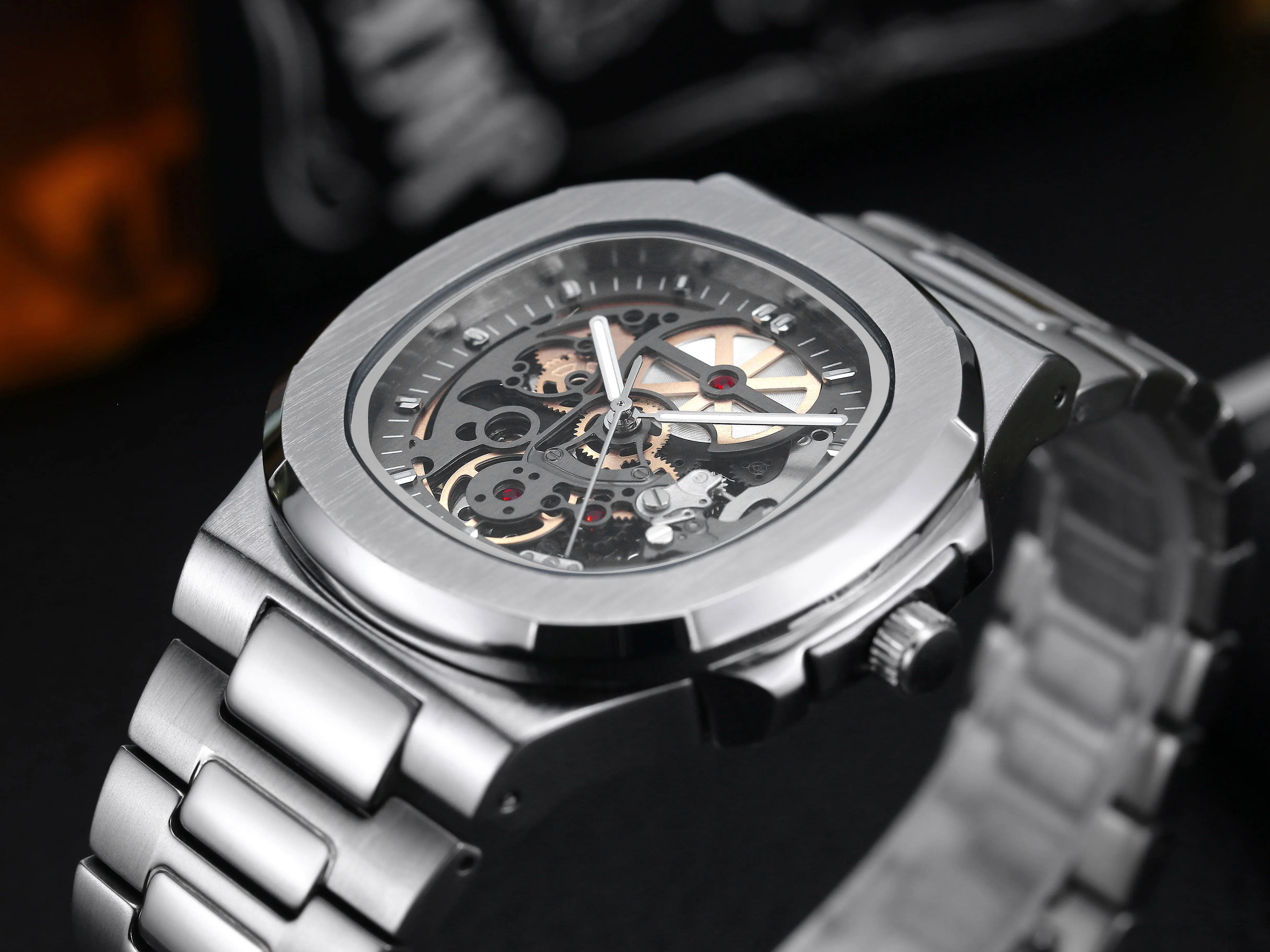 Power Reserve Mechanical Men Wristwatch Skeleton Stainless Steel Powerful Automatic Watches Square Waterproof Hand Clock Gift