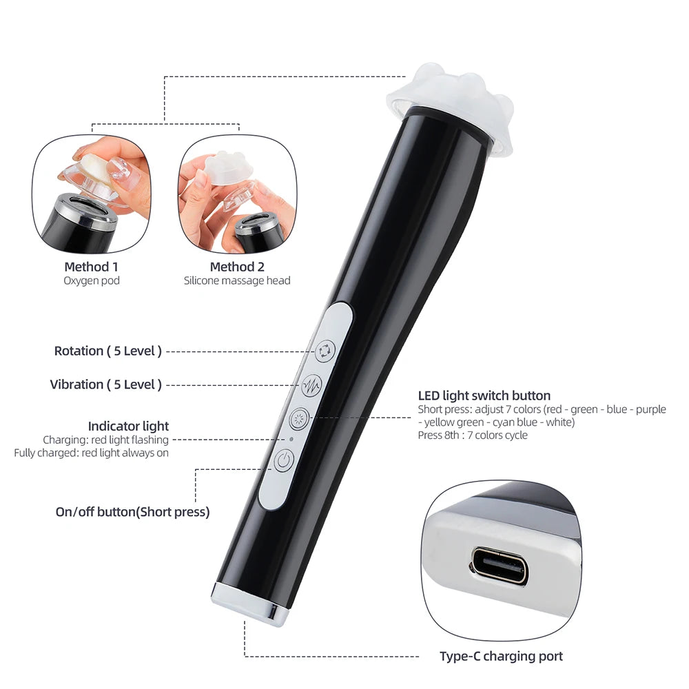 CO2 Oxygen Bubble Pen 5 Gear Vibration Oxygen Bubble Beauty Tool Deep Cleansing Pores Exfoliate LED Photon Skin Care Machine