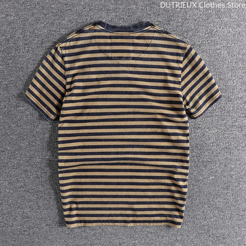 Retro and Aged Casual Short-sleeved T-shirt, High-quality Men's Striped Cotton T-shirt, Sweat-absorbing & Breathable Sports Top
