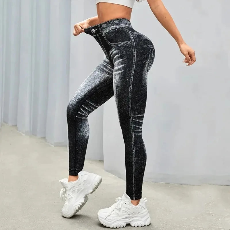 Women's Gym Printed Yoga Tight Pants Seamless High Waisted Denim-like Perforated Fake Pocket Tight Pants Yoga Fitness Leggings