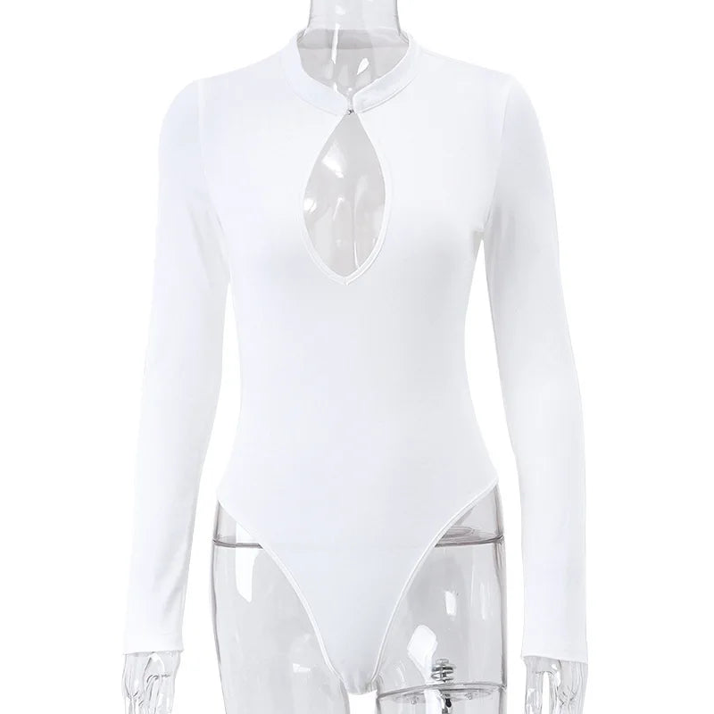 Ladies' sexy long-sleeved one-piece top with cut-out front and low-cut long-sleeved T-shirt for women, suitable for spring and s