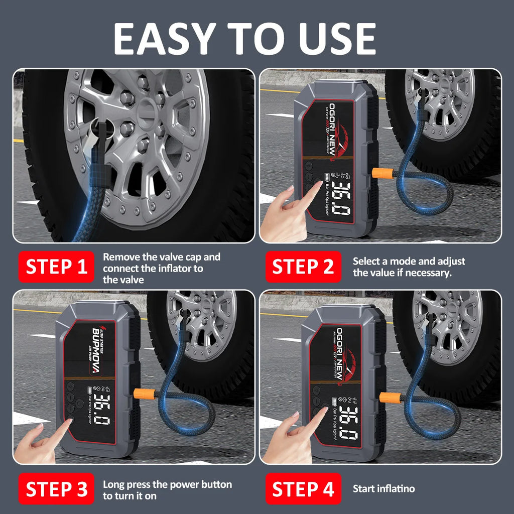 4 in 1 Car Jump Starter with Air Compressor 4000A Portable Power Bank 150PSI Tire Inflator Auto Portable Battery Starter for Car