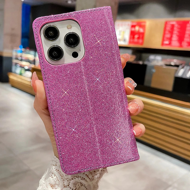 Flash Drill Small Flower Wallet Luxury Glitter Case For iPhone 17 ProMax Air 16 E Pro 15 14 Plus 13 12 Mini 11 Pro Max Cover