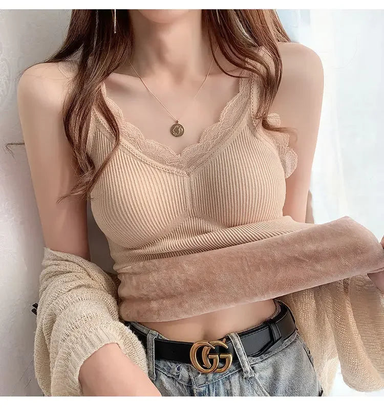 Thermal Underwear Inner Vest For Women Warm Winter Sexy Lace Sleeveless Tank Tops Padded Bra Thermo Thick Slimming Undershirt