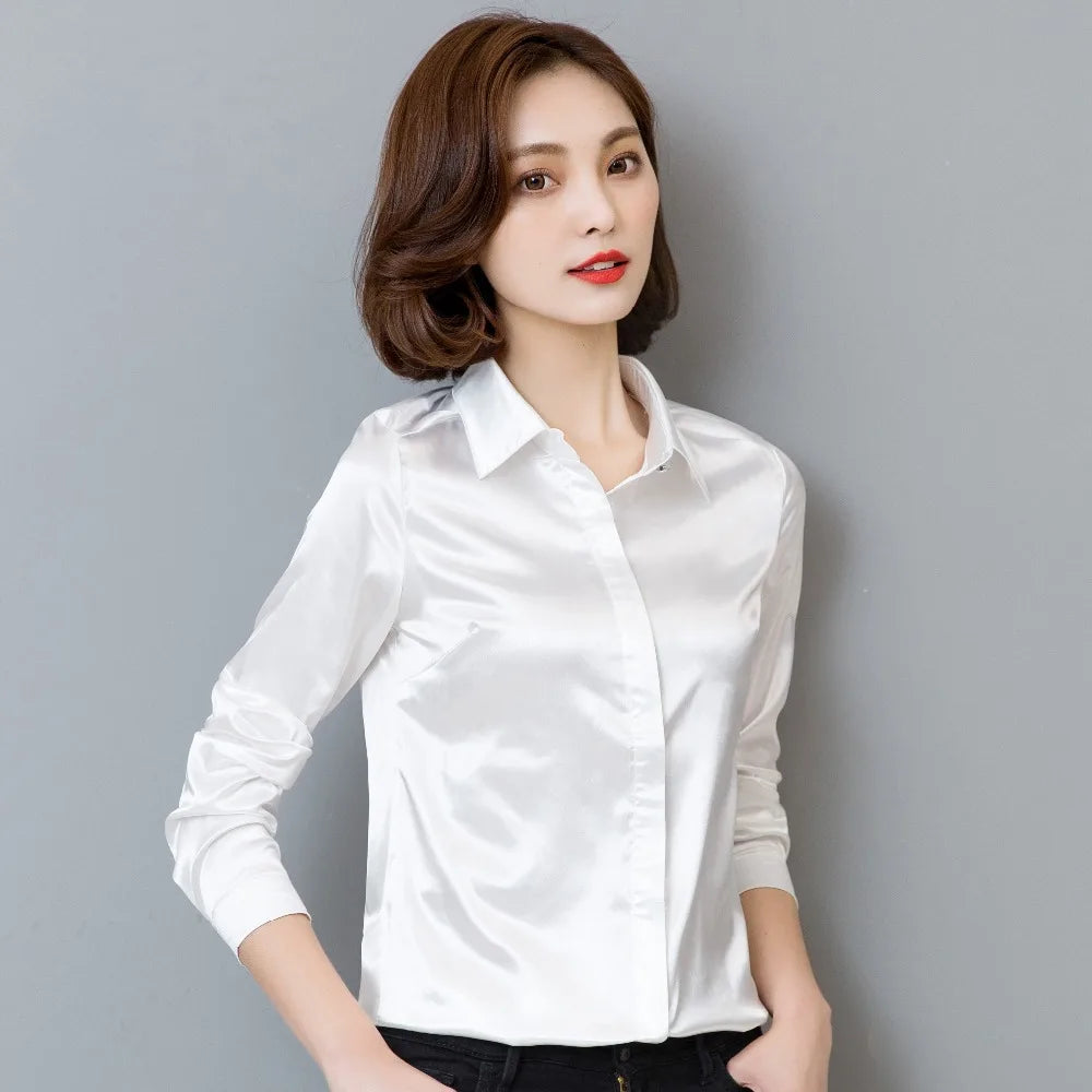Women silk satin blouse button long sleeve lapel ladies office work elegant female silk blouses shirts