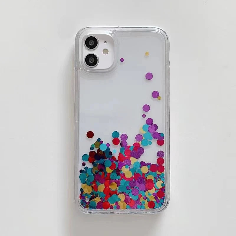 Sequins Transparent Liquid Phone Cover for iPhone 15 14 16 Pro Max Case Shell Dynamic Floating Dots Hard Funda Quicksand Carcasa