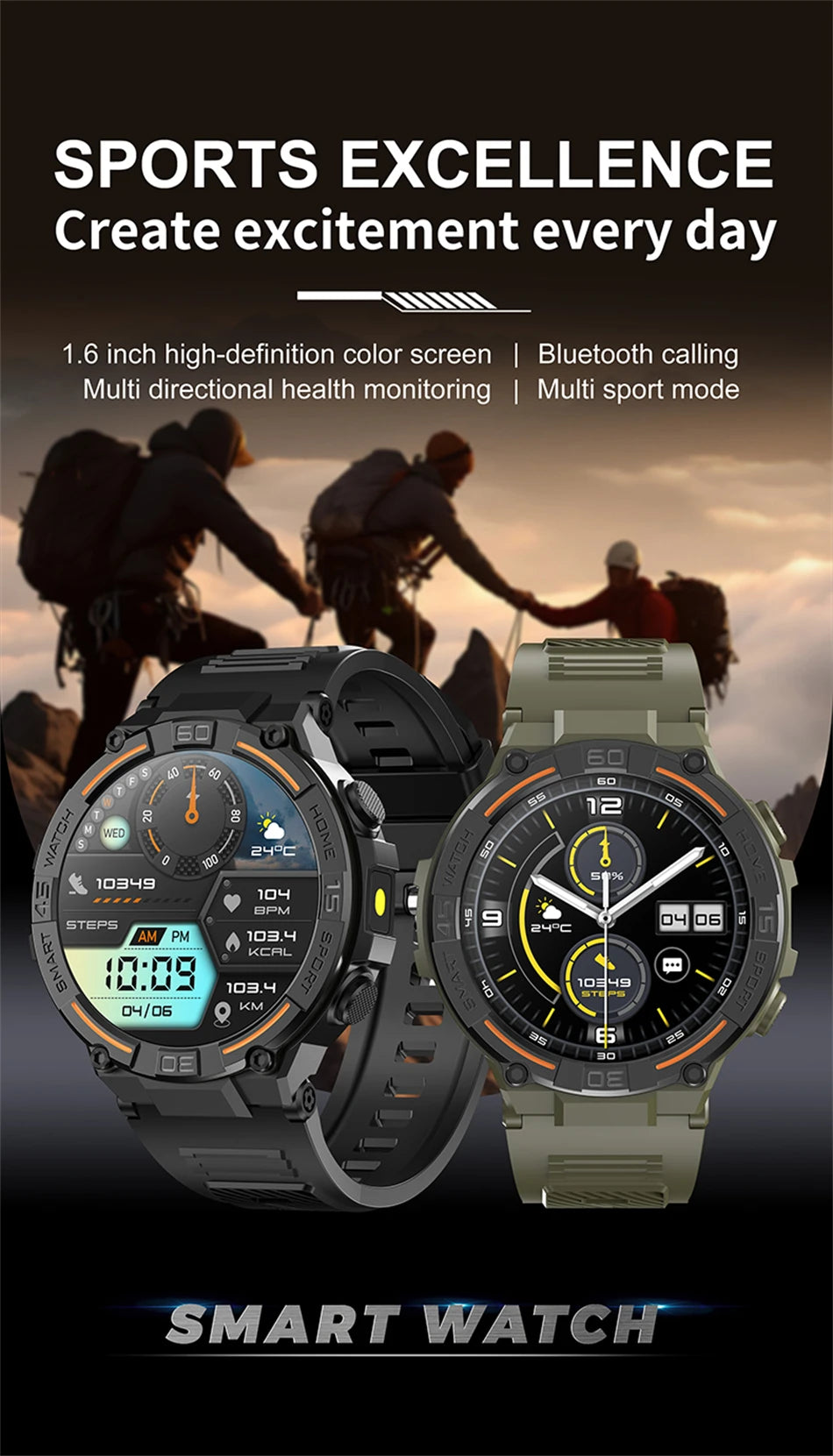 Outdoor Military Rugged Smartwatch Men GPS Sports Fitness Waterproof Watch Bluetooth Call with LED Lights Smart Watch