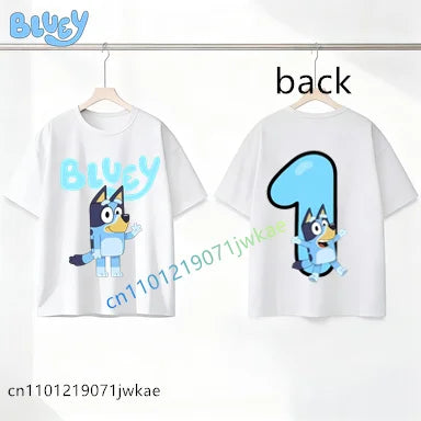 Bluey Birthday Number T-shirt 1-9 Y Kids Front Back Print Cute Cartoon Short Sleeve Boys Girls Summer Tops Birthday Party Gifts