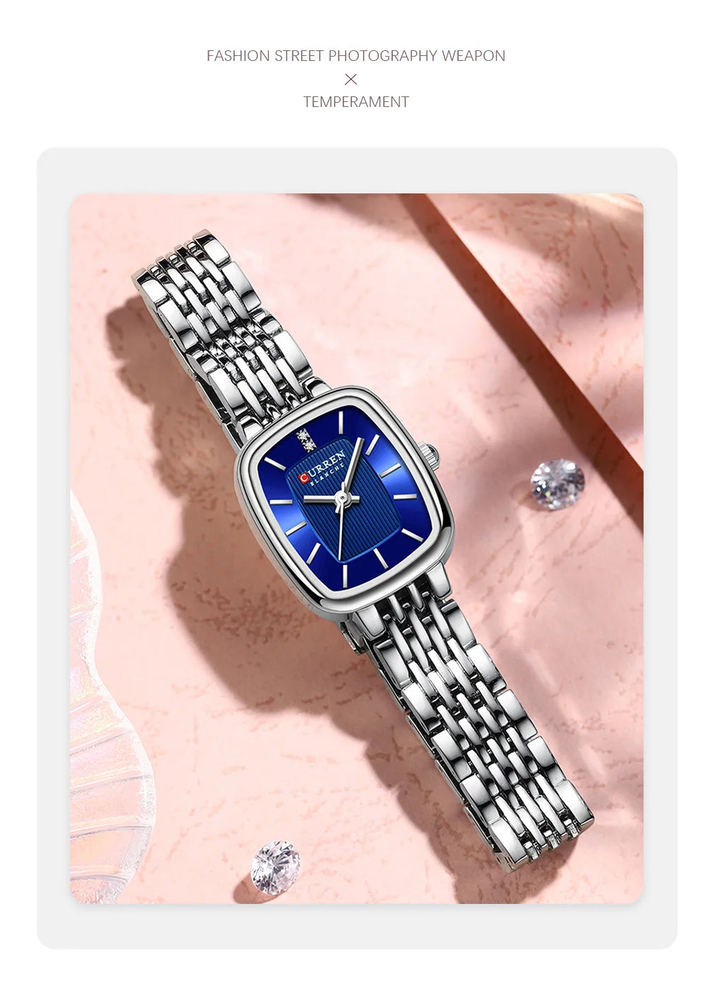 Curren 9093 Square Quartz Watch for Ladies, Waterproof Minimalist Casual Wristwatch with Stainless Steel Strap