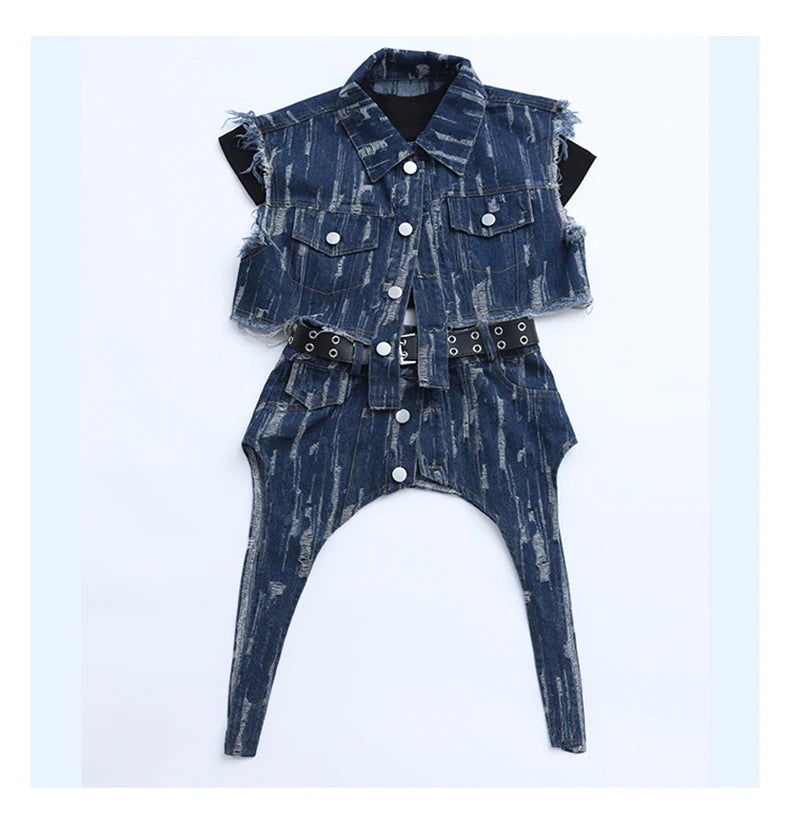 junior Girls Street Jazz Dance Set short denim vest jacket+Irregular skirt black top shorts belt teen girls clothes suit outfits