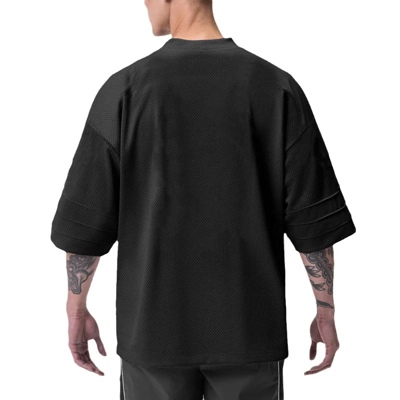 Oversized  Dropped Shoulders Half Sleeve T-shirts Mens Summer Big Mesh Quick Dry Sports Clothing Gym Fitness Workout T Shirts
