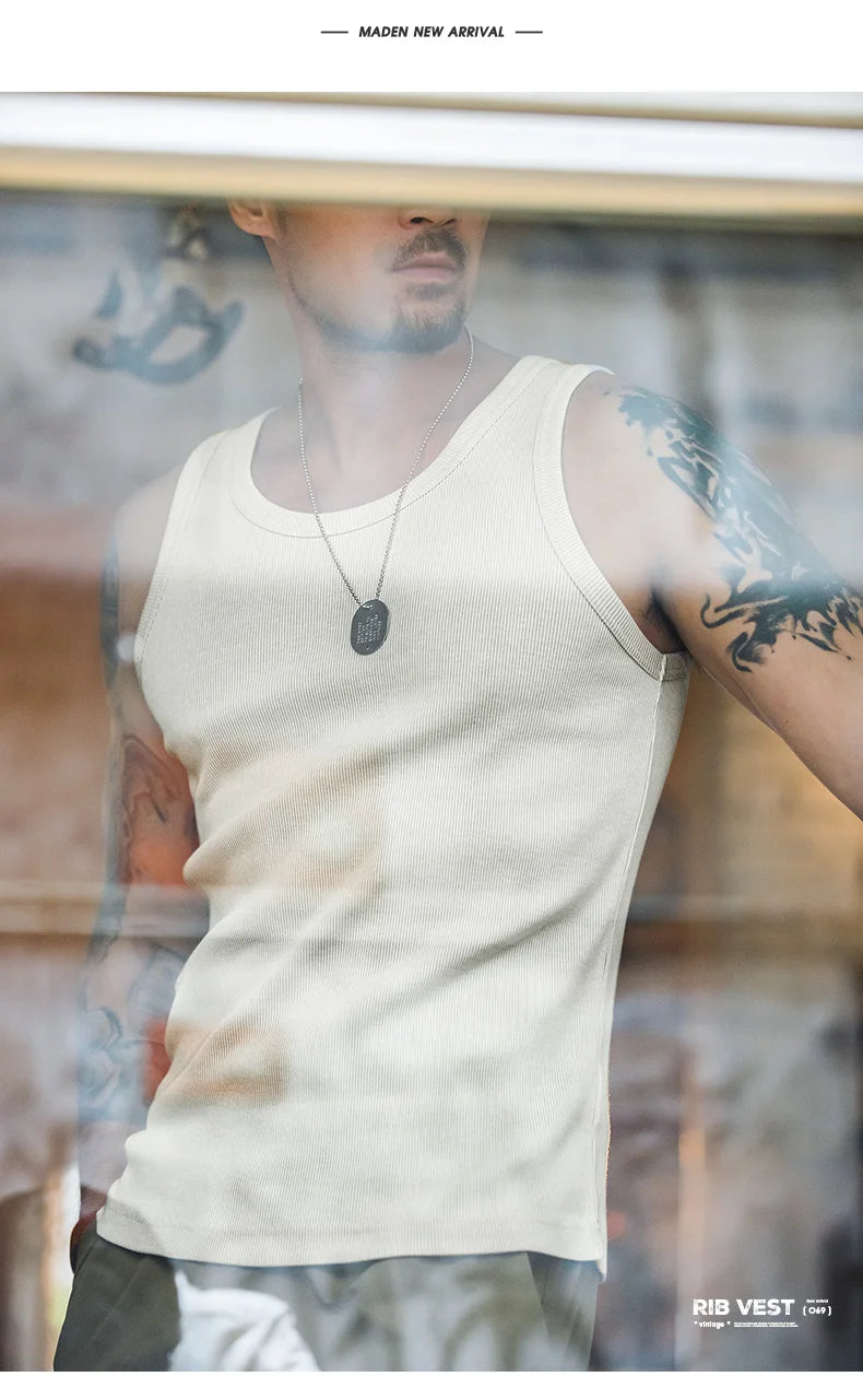 Maden Men's Retro Solid Color Slim Fit Sleeveless Vest T-Shirt Sports Fitness Threaded Inner Bottoming Shirt for Summer Tank Top