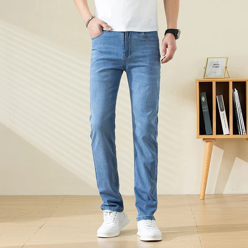 Summer Thin Mens Clothing Cowboys Slim Straight Jeans Men Denim Pants Casual Regular Fitness Men's Trousers Light Blue 2025