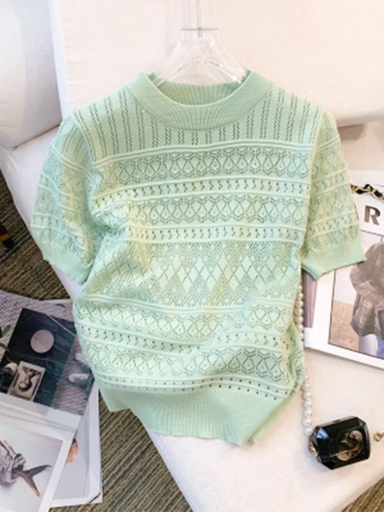 2026 New  Summer Thin Hollow Out Crew Neck Pullover Sweater Versatile Short Sleeve Knitted Top For Spring & Women's Clothing