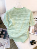 2026 New  Summer Thin Hollow Out Crew Neck Pullover Sweater Versatile Short Sleeve Knitted Top For Spring & Women's Clothing