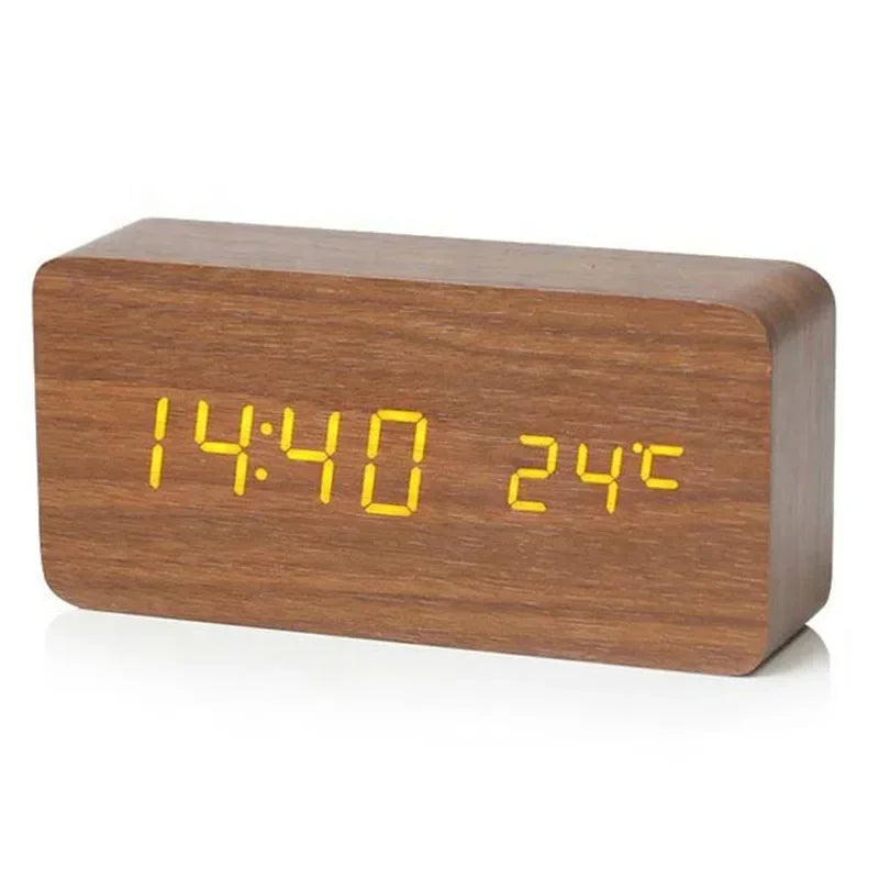 Digital Alarm Clock Wooden LED Table Clock with Temperature for Bedroom Office Travel Desk Decorations