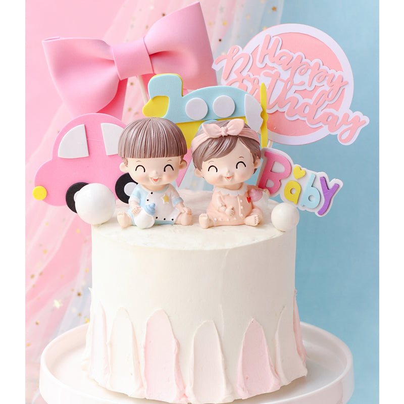 Baby Shower Boy Girls Cake Decoration Happy Birthday Cake Topper Bow Aircraft Car Cupcake Toppers Gender Reveal Baking