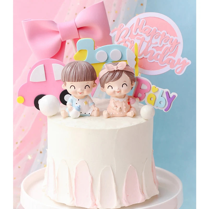 Baby Shower Boy Girls Cake Decoration Happy Birthday Cake Topper Bow Aircraft Car Cupcake Toppers Gender Reveal Baking