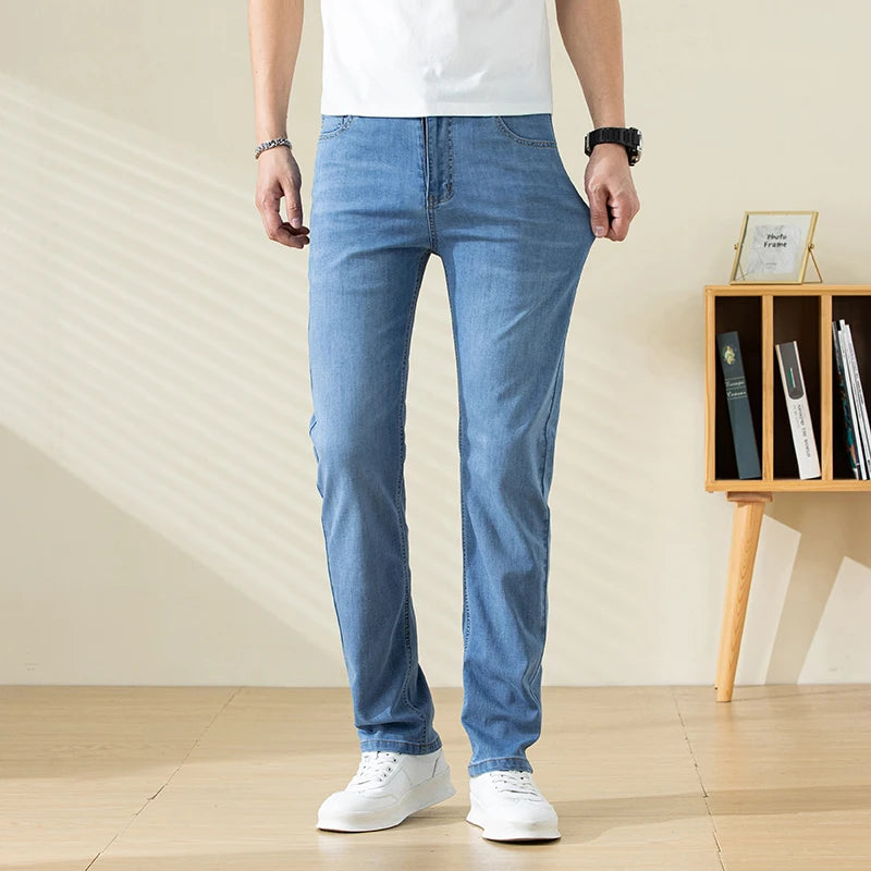 Summer Thin Mens Clothing Cowboys Slim Straight Jeans Men Denim Pants Casual Regular Fitness Men's Trousers Light Blue 2025