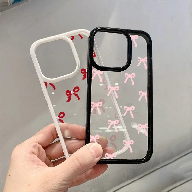 Cute Red Pink Bow Phone Case For Xiaomi Redmi 14C 13C 12C 4G Poco X6 X5 Pro Redmi Note 12 11 13 Pro Plus 5G Clear Silicone Cover