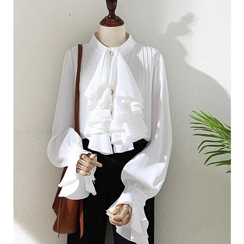 MEXZT Vintage White Shirts Women Elegant Ruffles Flare Long Sleeve Blouses Office Ladies Korean Single Breasted Design Chic Tops