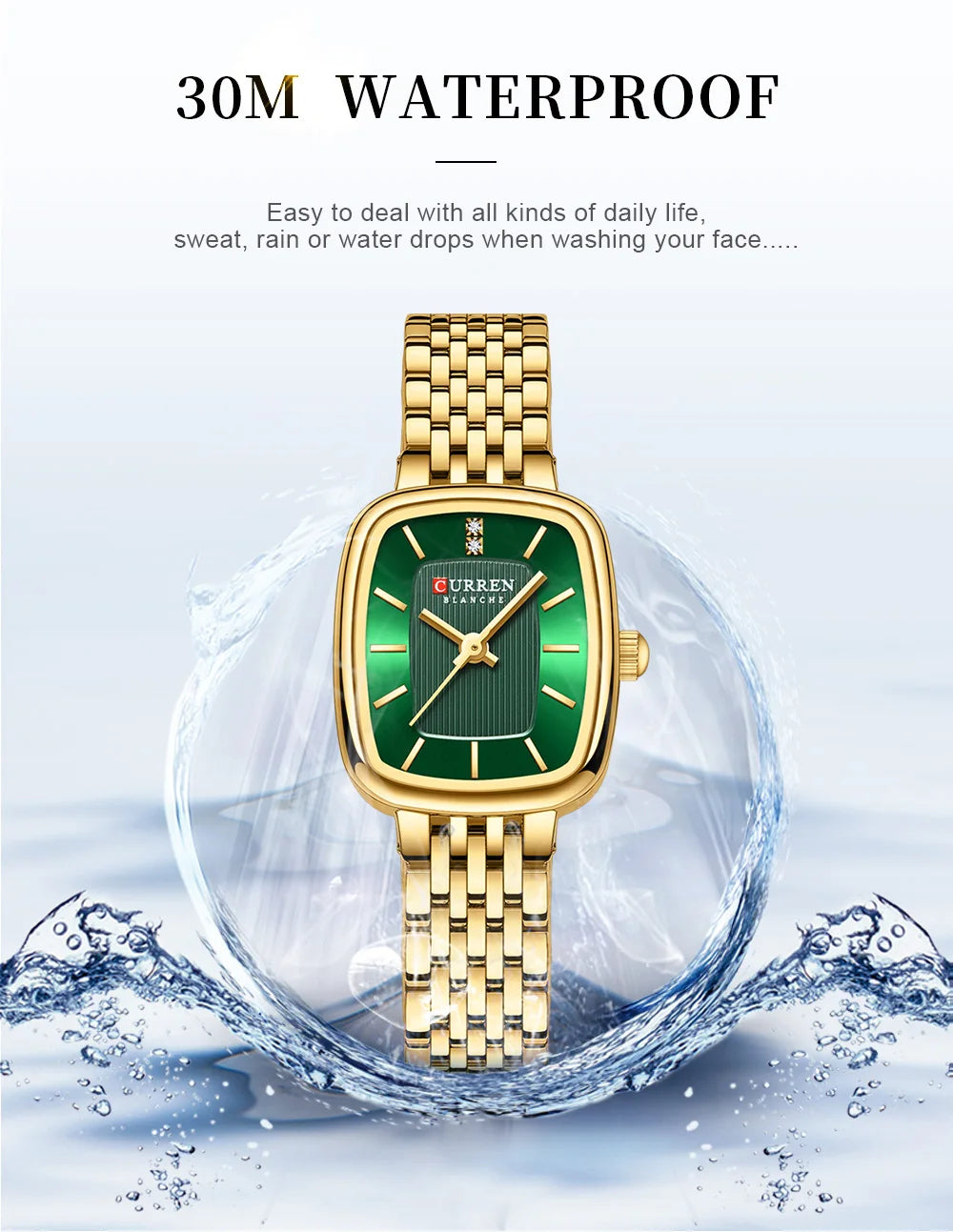 Curren 9093 Square Quartz Watch for Ladies, Waterproof Minimalist Casual Wristwatch with Stainless Steel Strap