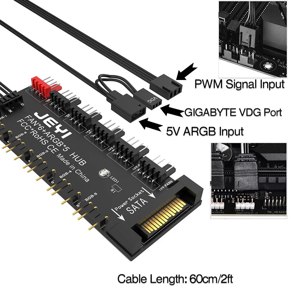 JEYI 4Pin PWM & 5V 3Pin ARGB with SATA 15Pin Power 5 Way Sync Fan Hub CPU Cooling Fan Addressable RGB Lighting PCB Splitter