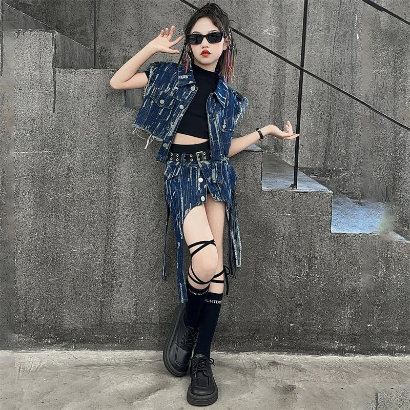 junior Girls Street Jazz Dance Set short denim vest jacket+Irregular skirt black top shorts belt teen girls clothes suit outfits
