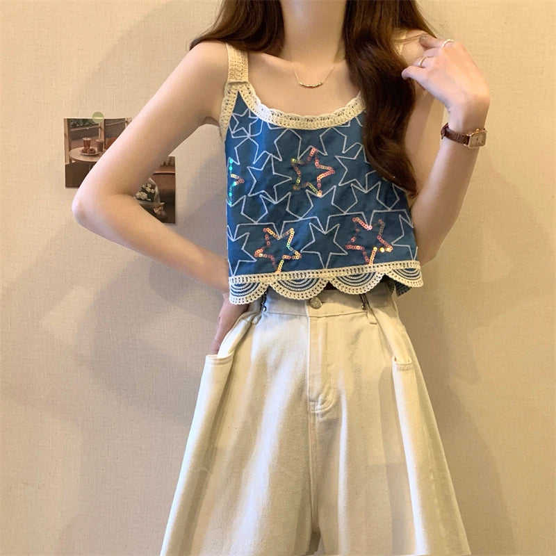 Star Embroidered Crochet Tank Top for Women Sleeveless Crop Camis Teen-girl Bohemian Spring Summer 2026 Festival Outfit