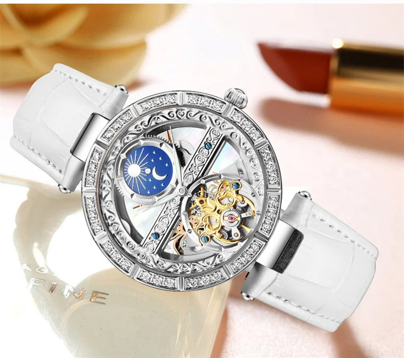 Luxury Women's Waterproof Skeleton Tourbillon Mechanical Watches Night Glow Beauty Elegant Mechanical Watch For Women