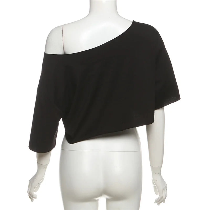 SylCue Letter Print Oversized T-shirt Women Skew Collar Short Sleeves Off Shoulders Irregular Hem Hip-hop Style Trend Crop Tops