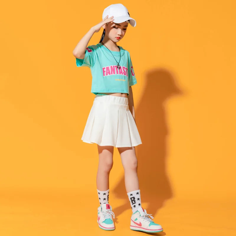 Boys Street Dance Blue T-shirt Shorts Girls Hip Hop Crop Top Skirt Outfits Kids Summer Costume Clothes Sets Children Streetwear