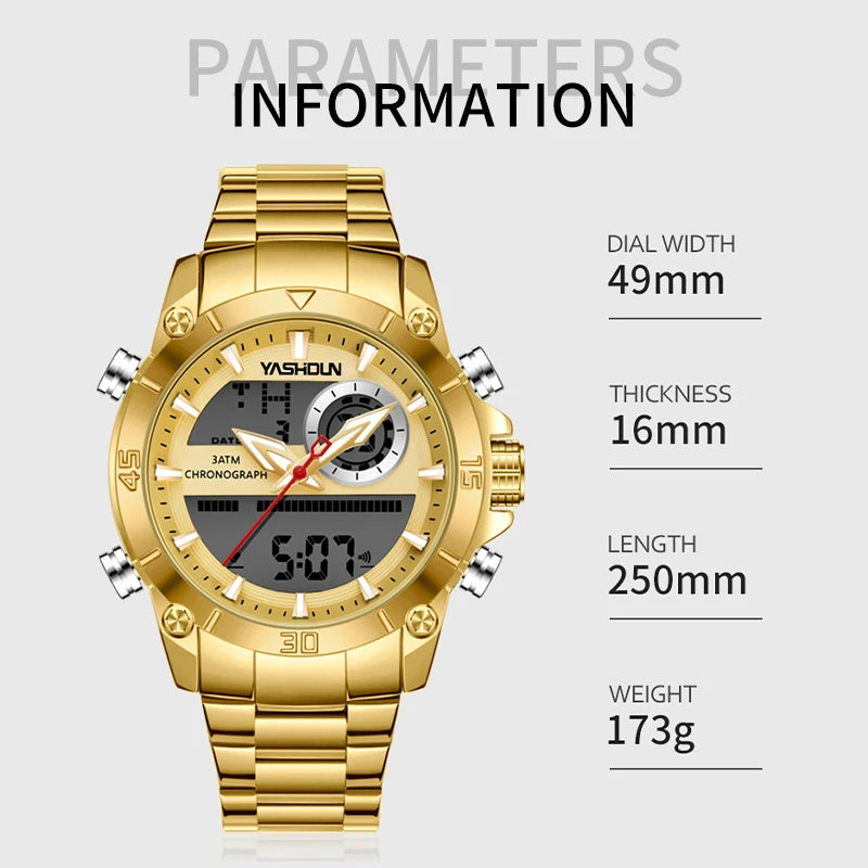 Multi-functional sports men's watch with dual movement electronic steel band luminous waterproof quartz wristwatch