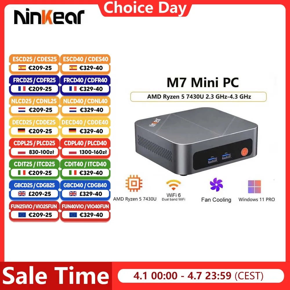Ninkear M7 Mini PC AMD Ryzen™ 5 7430U Windows 11 PRO 16GB DDR4 RAM 512GB SSD WIFI 6.0 Fan Cooling Mini Computers