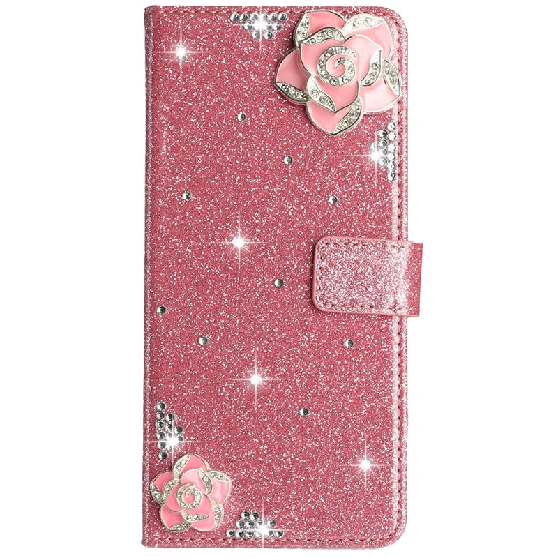Flash Drill Small Flower Wallet Luxury Glitter Case For iPhone 17 ProMax Air 16 E Pro 15 14 Plus 13 12 Mini 11 Pro Max Cover