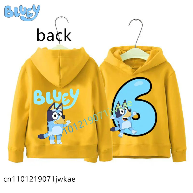 Bluey Birthday Number Print Hoodie Kids 1-9Y Front Back Design Long Sleeve Sweatshirt Boys Girls Casual Tops Birthday Party Wear