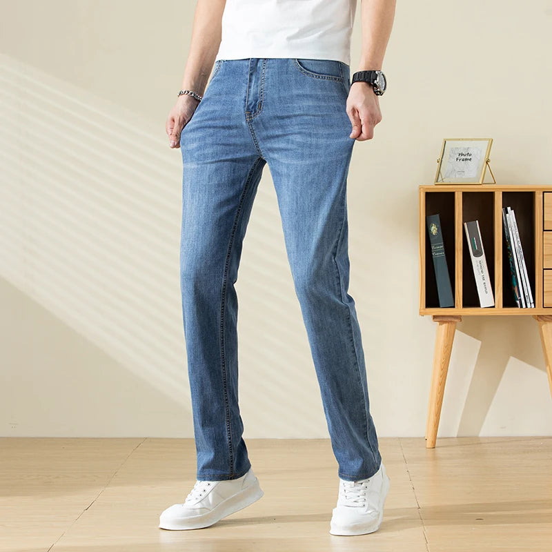 Summer Thin Mens Clothing Cowboys Slim Straight Jeans Men Denim Pants Casual Regular Fitness Men's Trousers Light Blue 2025