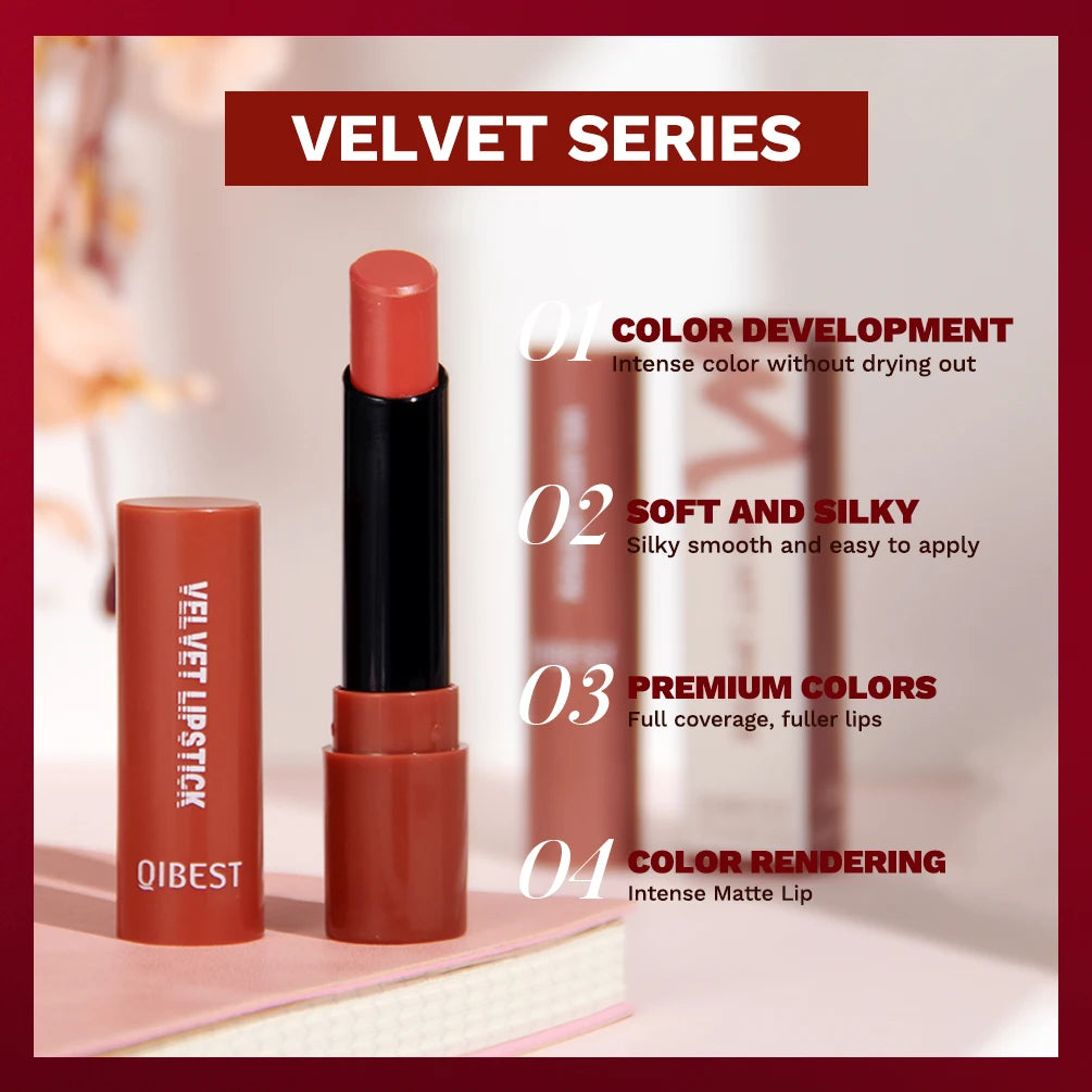 QIBEST Nude Lipstick Matte Lip Gloss High Pigment Makeup Classic Sexy Lipgloss Non-Stick Cup Long Lasting Red Lip Tint Cosmetics
