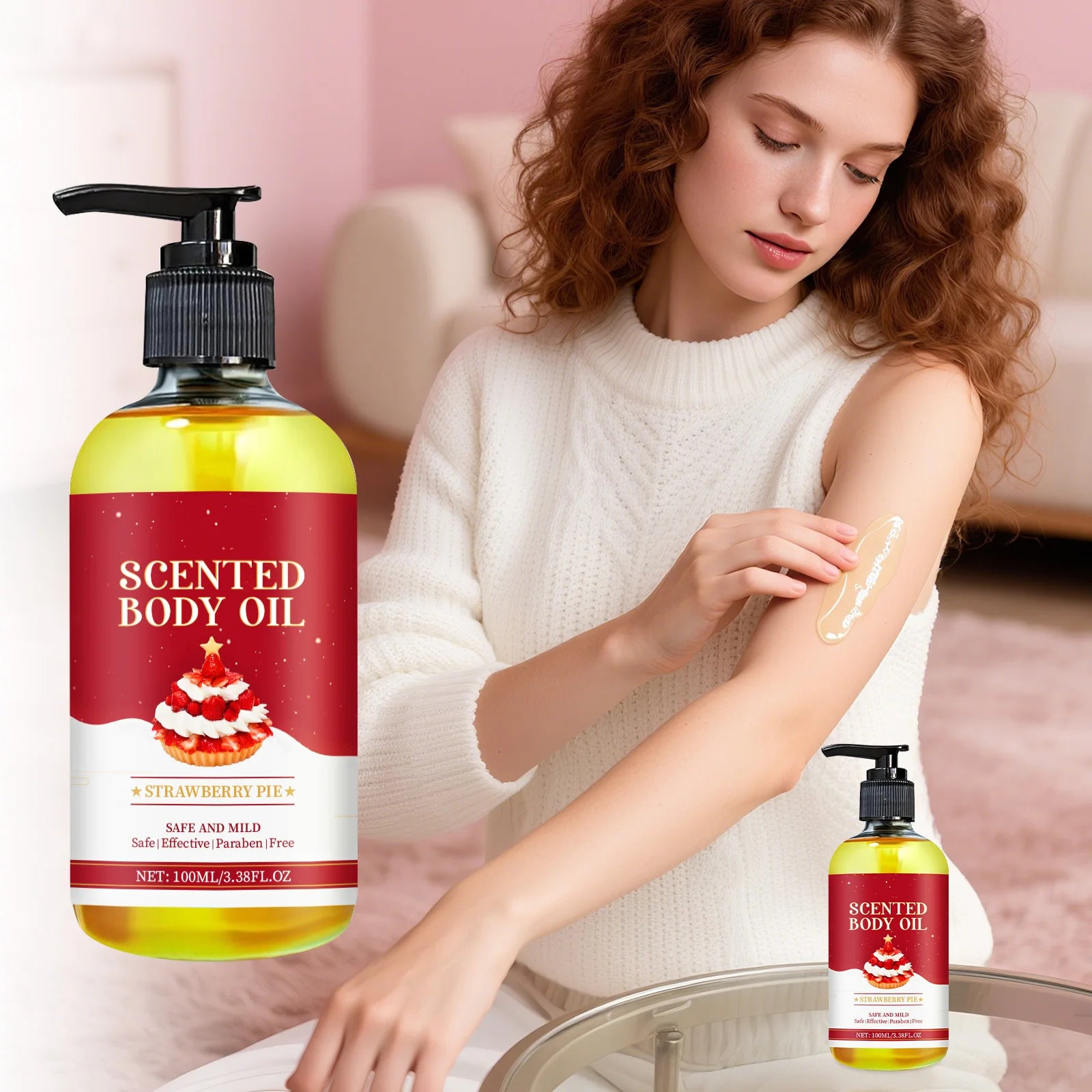 100ml Body Oil Deep Nourishing Moisturizing Dry Skin Relief Plant Essential Oils for Skincare Massage, Strawberry Pie Scent